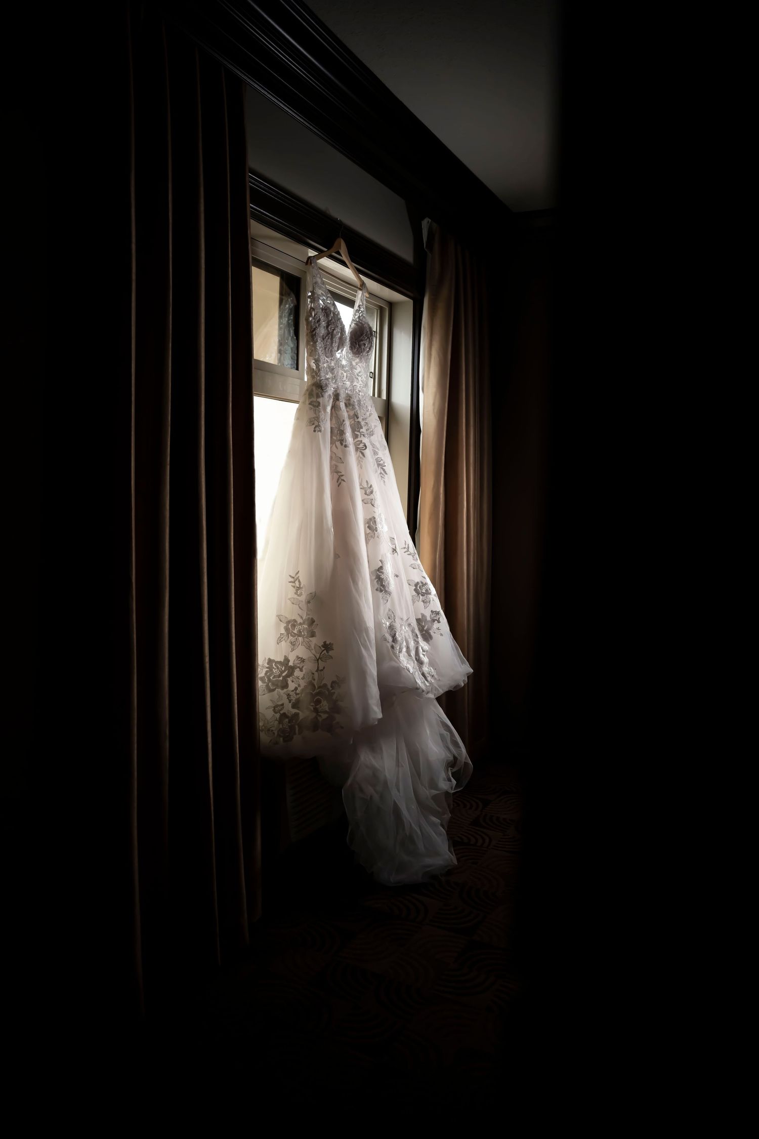 wedding dress in window