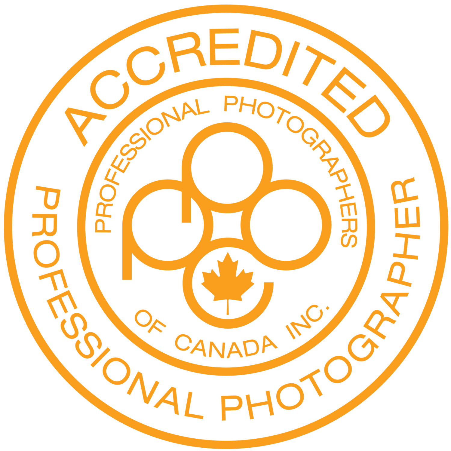 Accredited Professional Photographer seal from Professional Photographers of Canada Inc., featuring orange circular badge design.