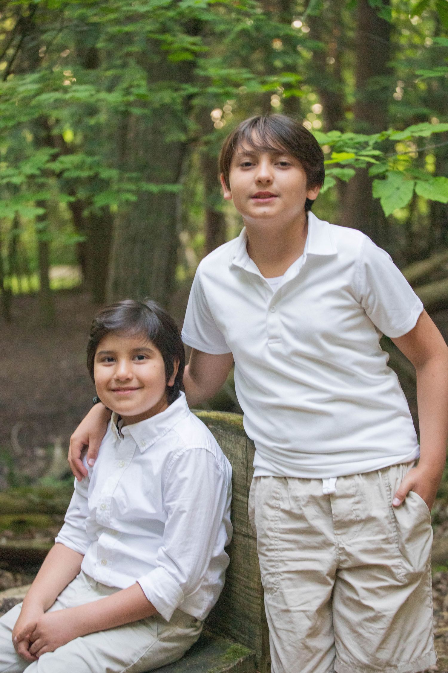 Two young brothers pose together on a wooden bridge in a green forest.