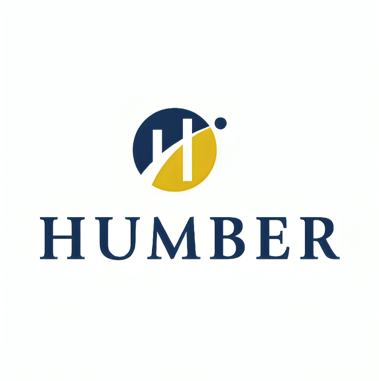 Humber College circular logo in navy blue and gold with stylized H letter mark.