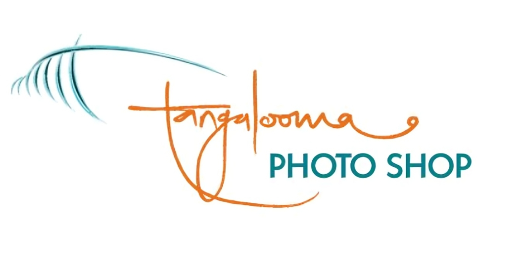 Tangalooma Photo Shop logo with teal and orange cursive lettering and wave design.
