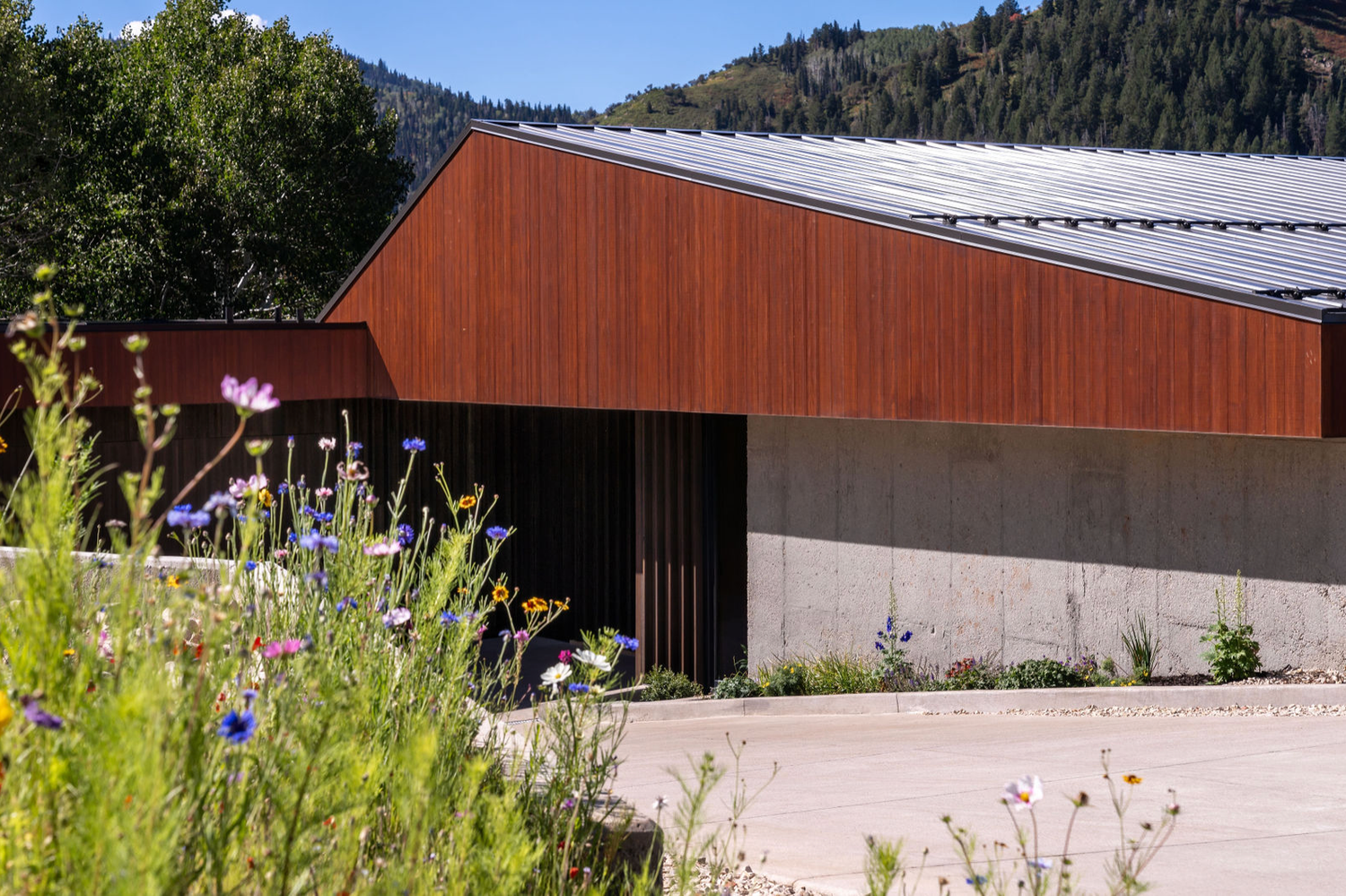 Modern barn structure with Corten steel siding and concrete base surrounded by wildflowers in a mountain setting.