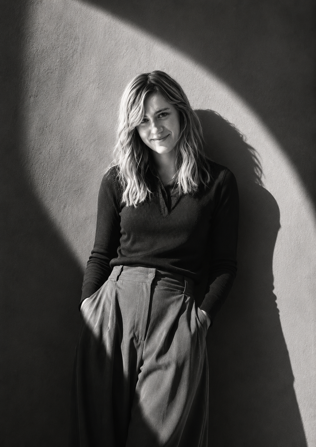 Black and white portrait of smiling woman leaning against textured wall in soft light.