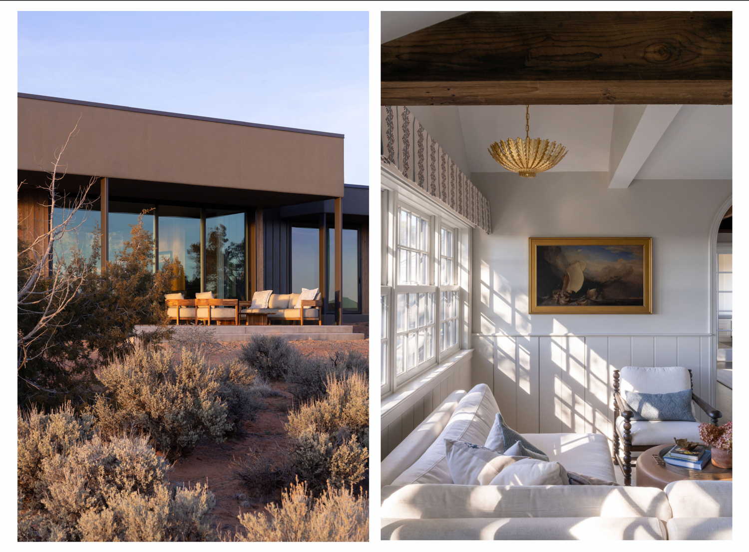 Split view of modern desert home exterior and bright white coastal interior living space.