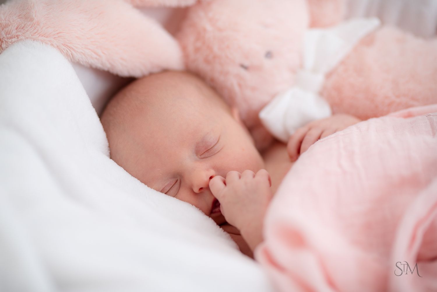 Newborn baby girl sleeping peacefully surrounded by soft pink plush toys and white blanket.