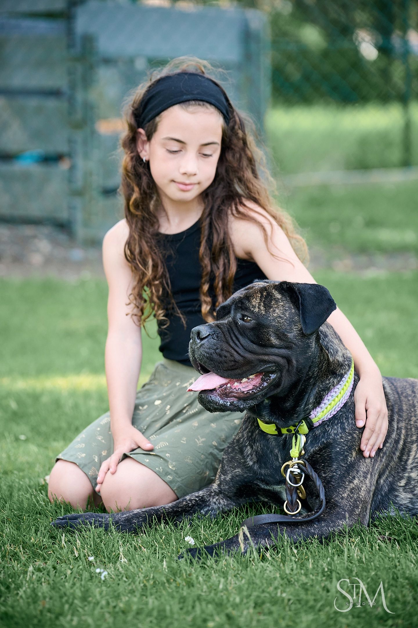 A young girl with curly hair sits on green grass, gently petting a large brindle dog wearing a colorful collar.