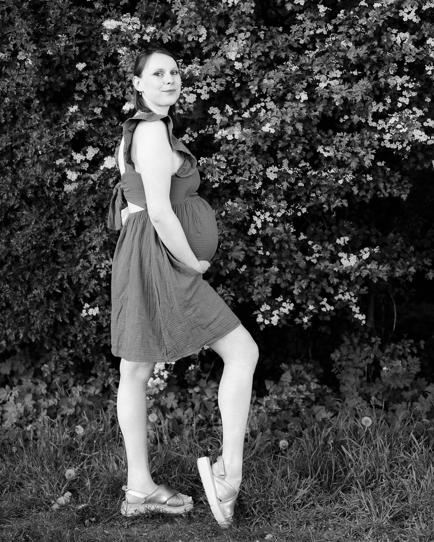 Pregnant woman in dress and ballet shoes poses gracefully outdoors near flowering bushes in black and white photo.