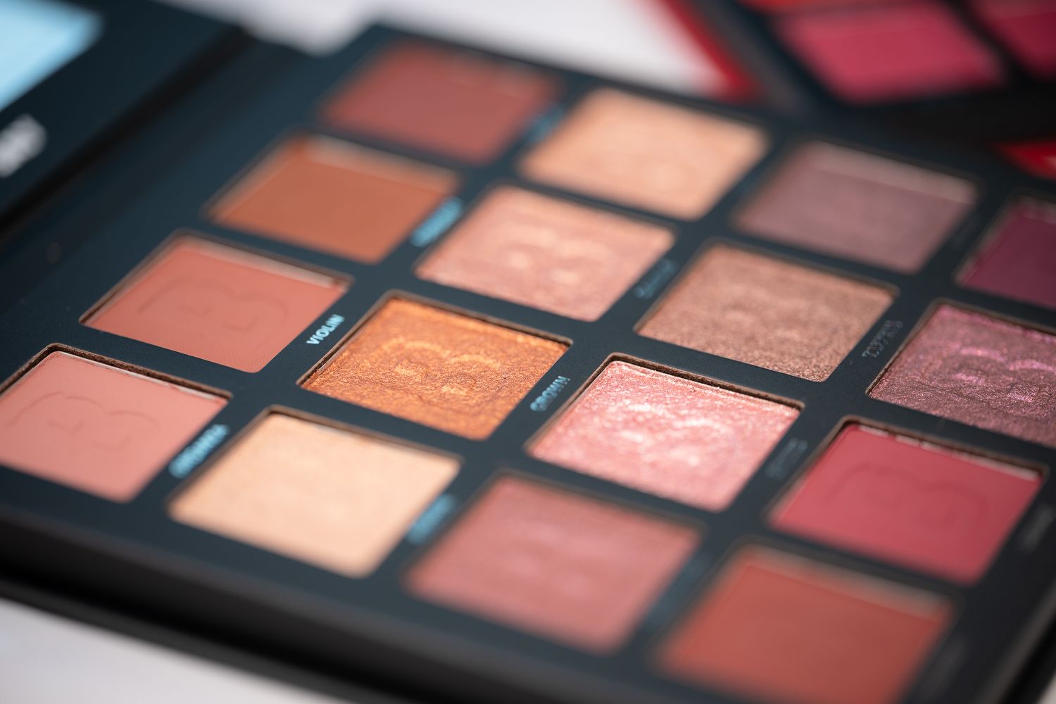 Close-up of a rose-toned eyeshadow palette featuring 20 warm matte and shimmer shades in pink, coral, and burgundy.