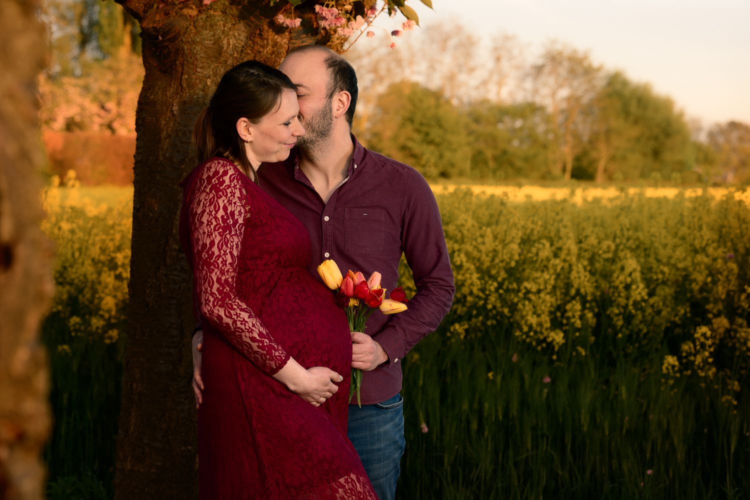 Pregnant couple embracing by a tree in a golden field, man holding colorful tulips, woman in red lace dress at sunset.