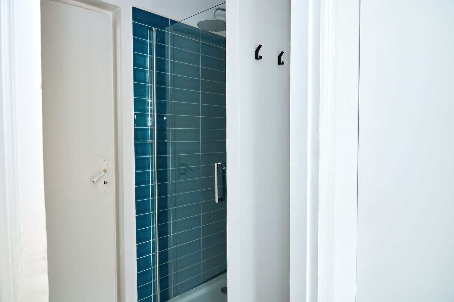 Modern bathroom featuring a glass shower door with teal subway tiles and white walls.