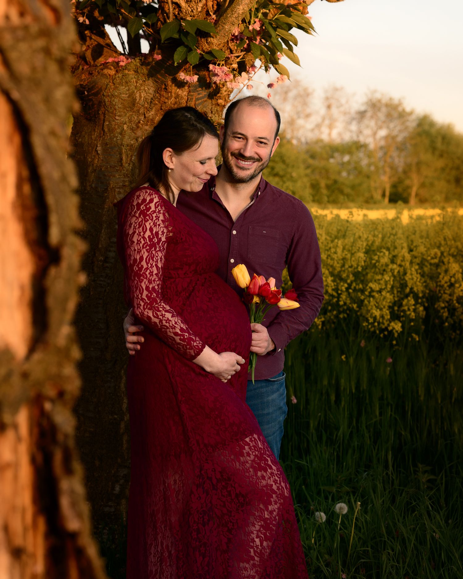 Pregnant woman in red lace dress with partner holding tulips by a tree in golden hour light.