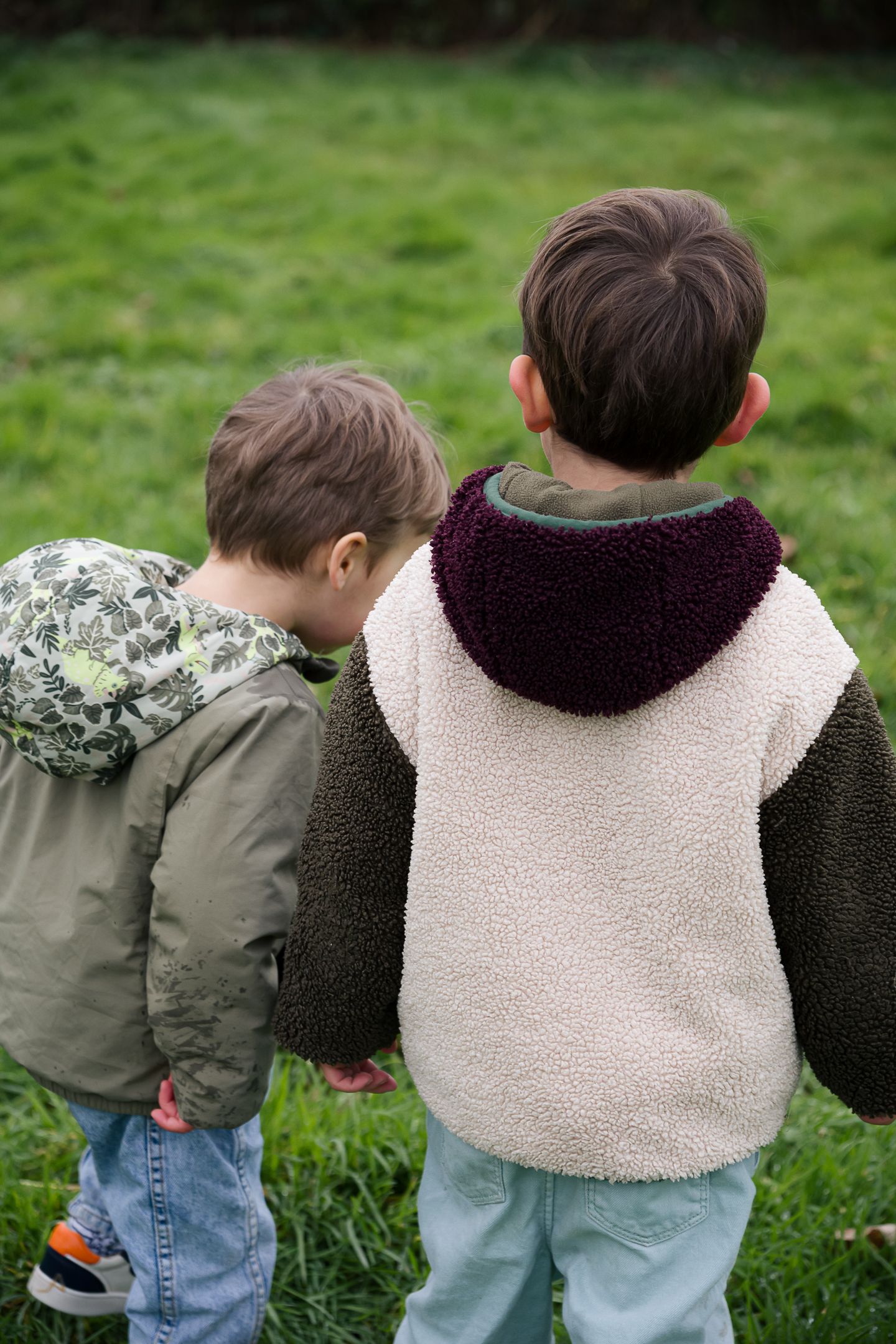 Two young boys in hooded jackets seen from behind standing on green grass outdoors.