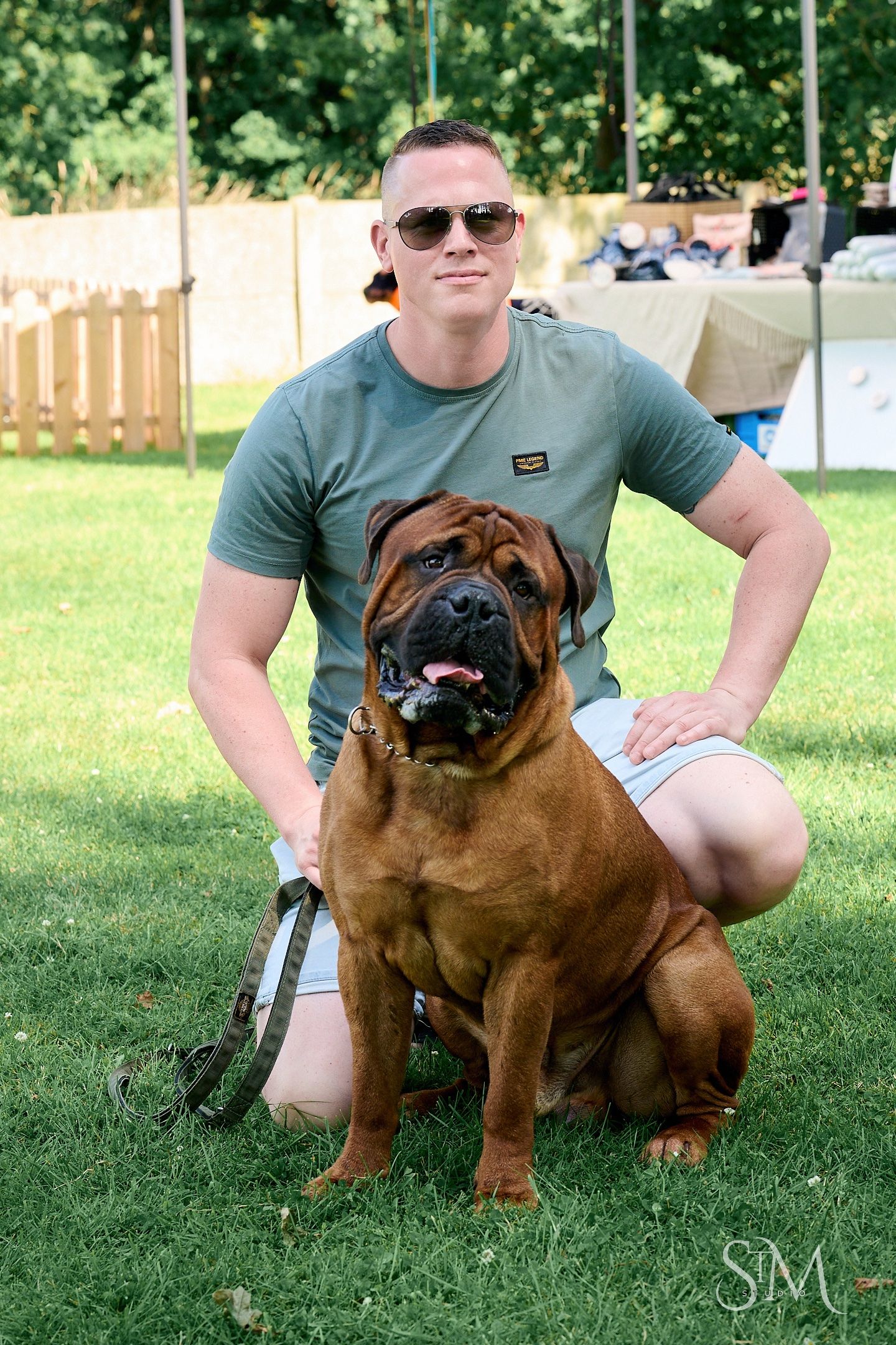 Man in green t-shirt and sunglasses crouching beside large brown Bullmastiff dog on green grass outdoors.