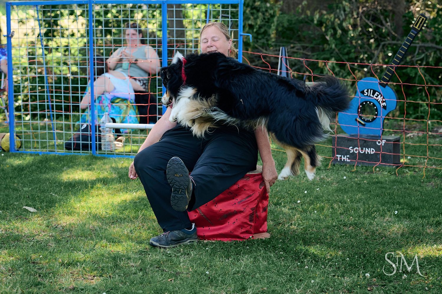 A person in black pants and red skirt plays with a large black and white dog on green grass at an outdoor event.