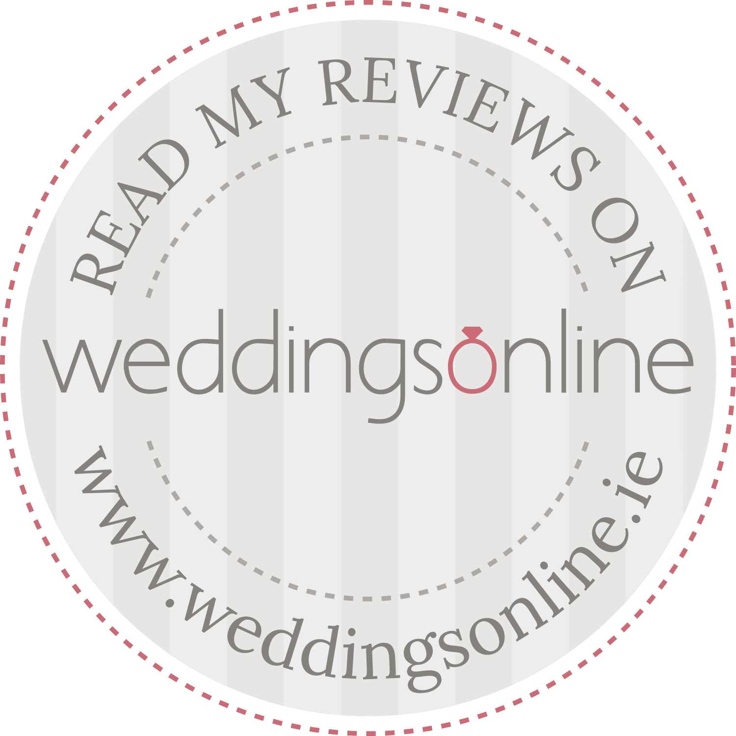 Read my reviews on WeddingsOnline.ie badge, a circular seal with dashed border for Irish wedding vendor reviews.