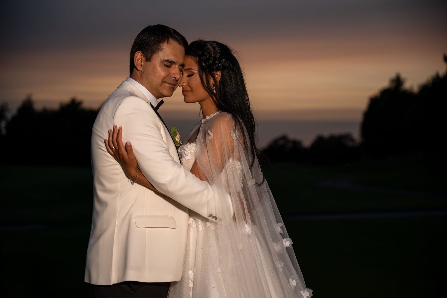 A romantic wedding photo collage showing tender moments between newlyweds at sunset.