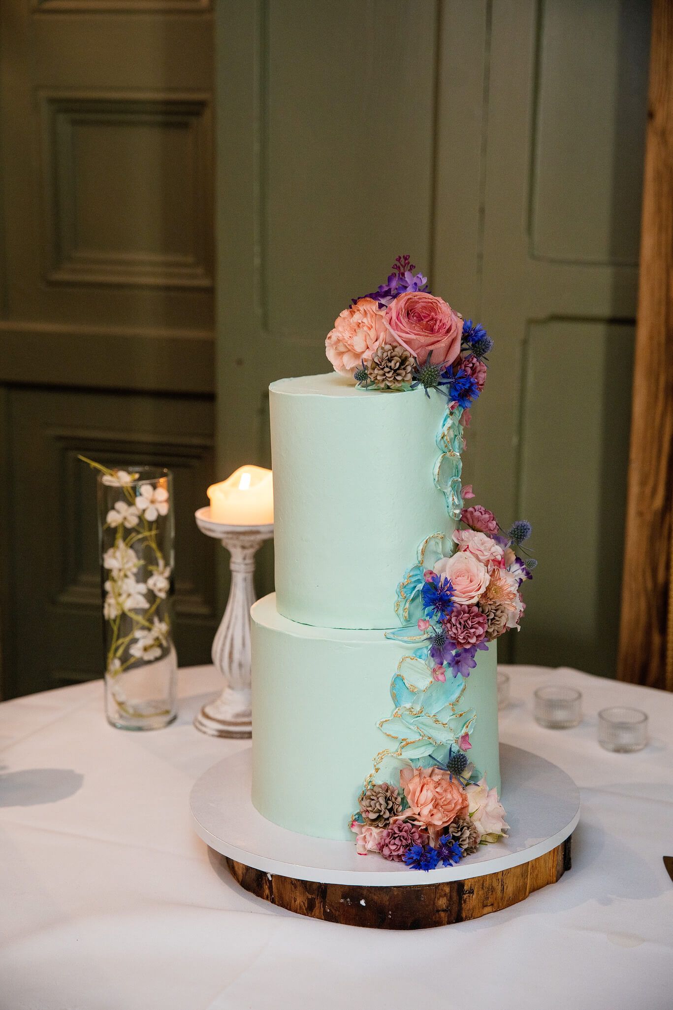 Two-tier mint green wedding cake decorated with pink, Anglers rest Dublin
