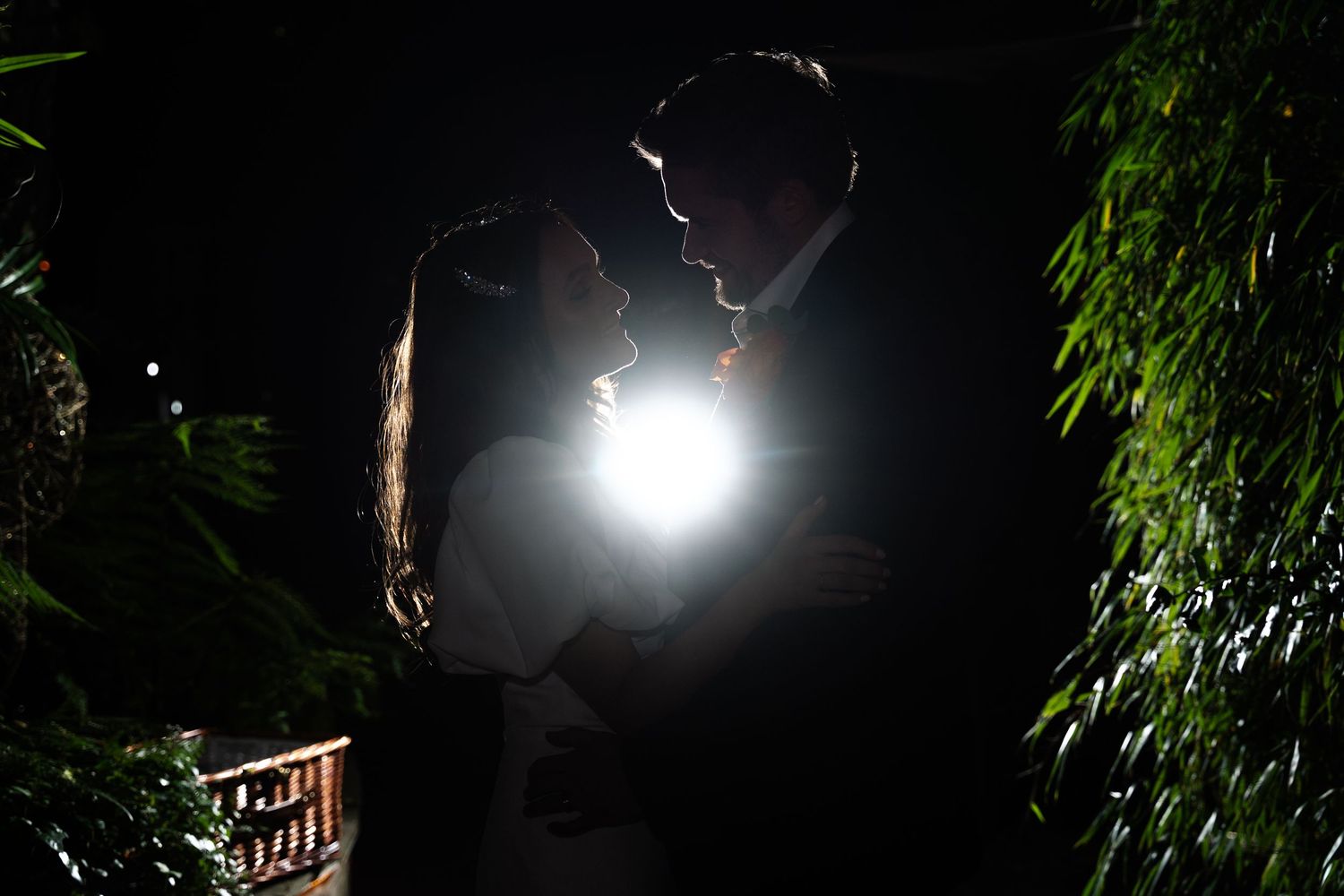 Romantic couple silhouetted against glowing backlight surrounded by lush greenery in an intimate nighttime wedding portrait.