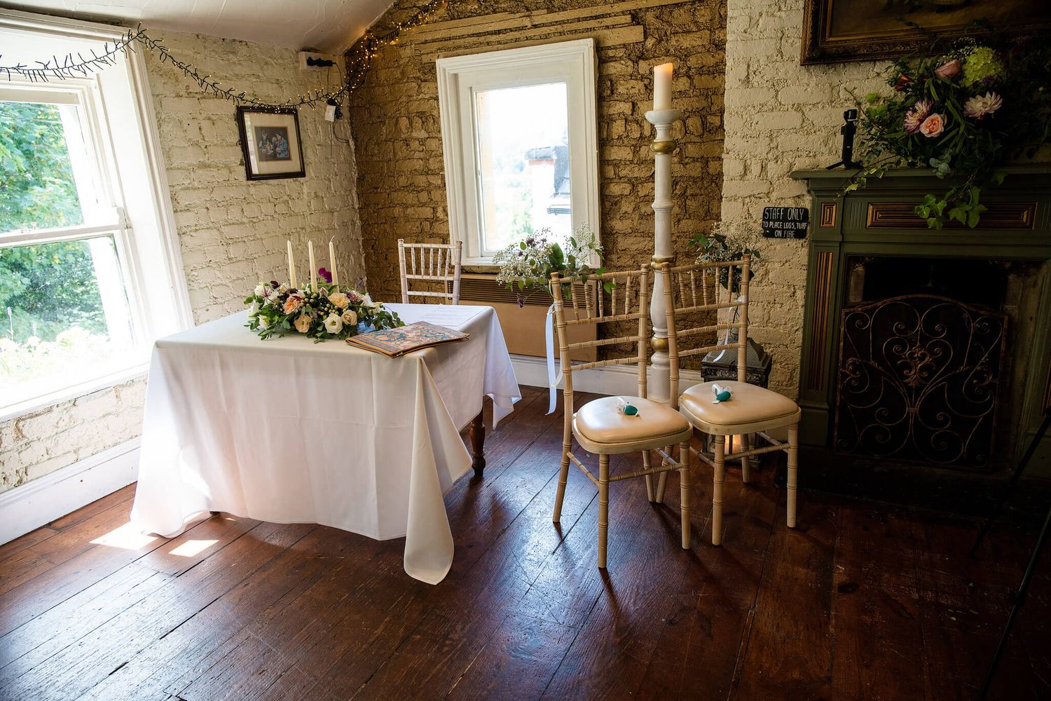 Rustic stone wedding ceremony room at The Anglers Rest Dublin photo by AK wedding photography.