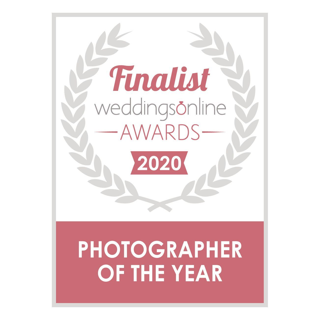 Three award badges for wedding photography showing finalist and photographer of the year recognition.