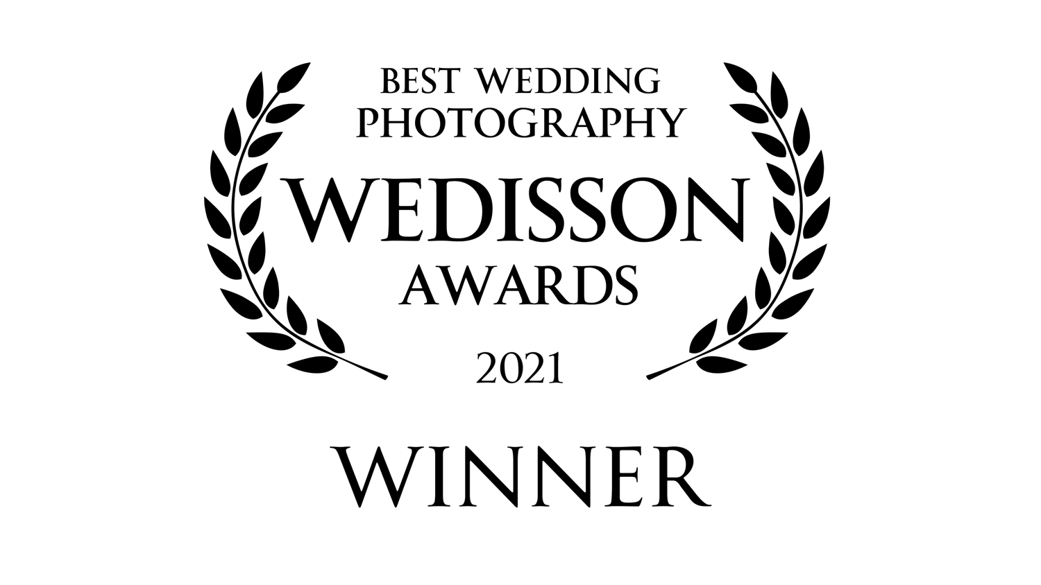 A black and white wedding photography award banner with laurel wreaths and text showing Wedisson Winner 2021.