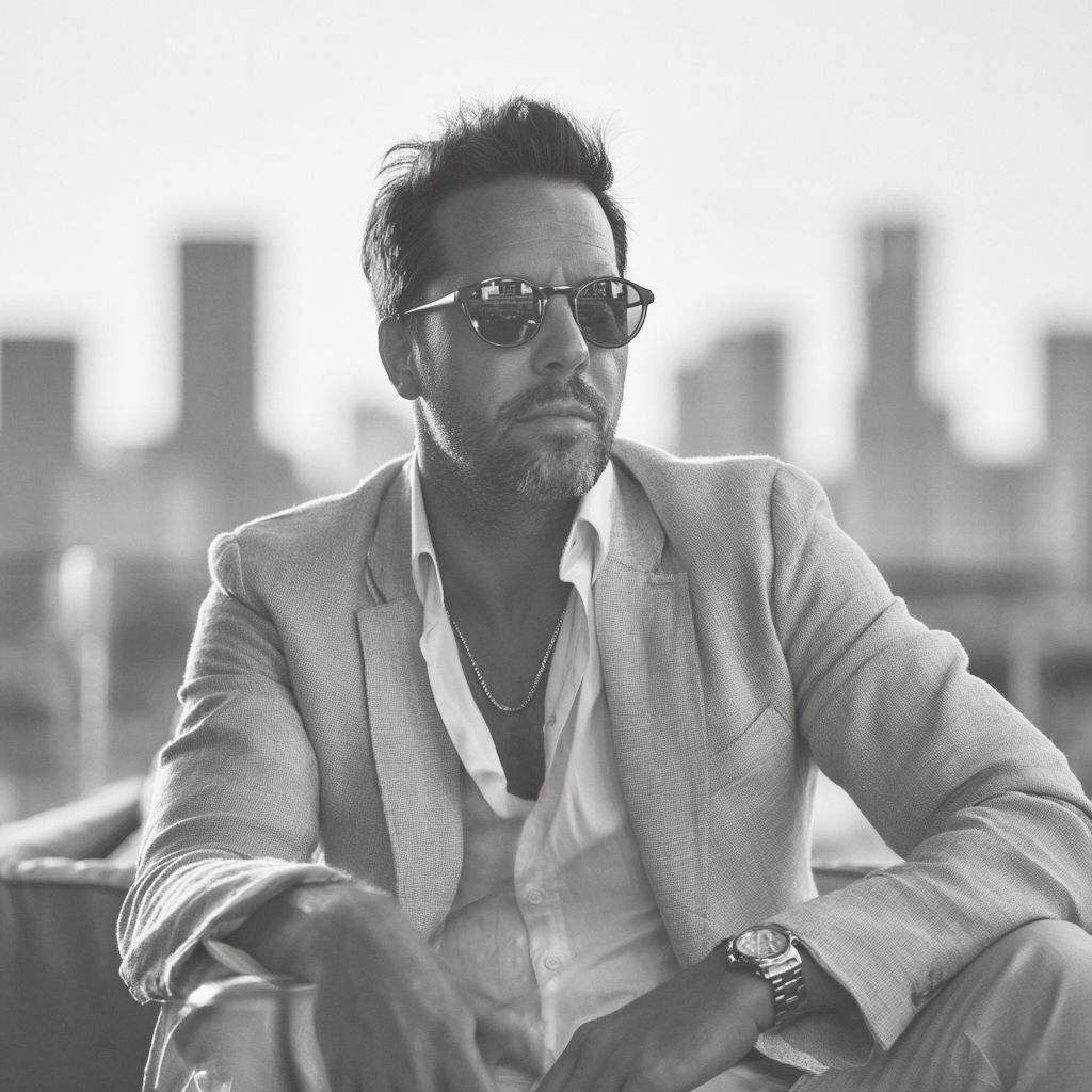 A black and white photo series of a person in a light colored blazer and sunglasses posing against a city backdrop.