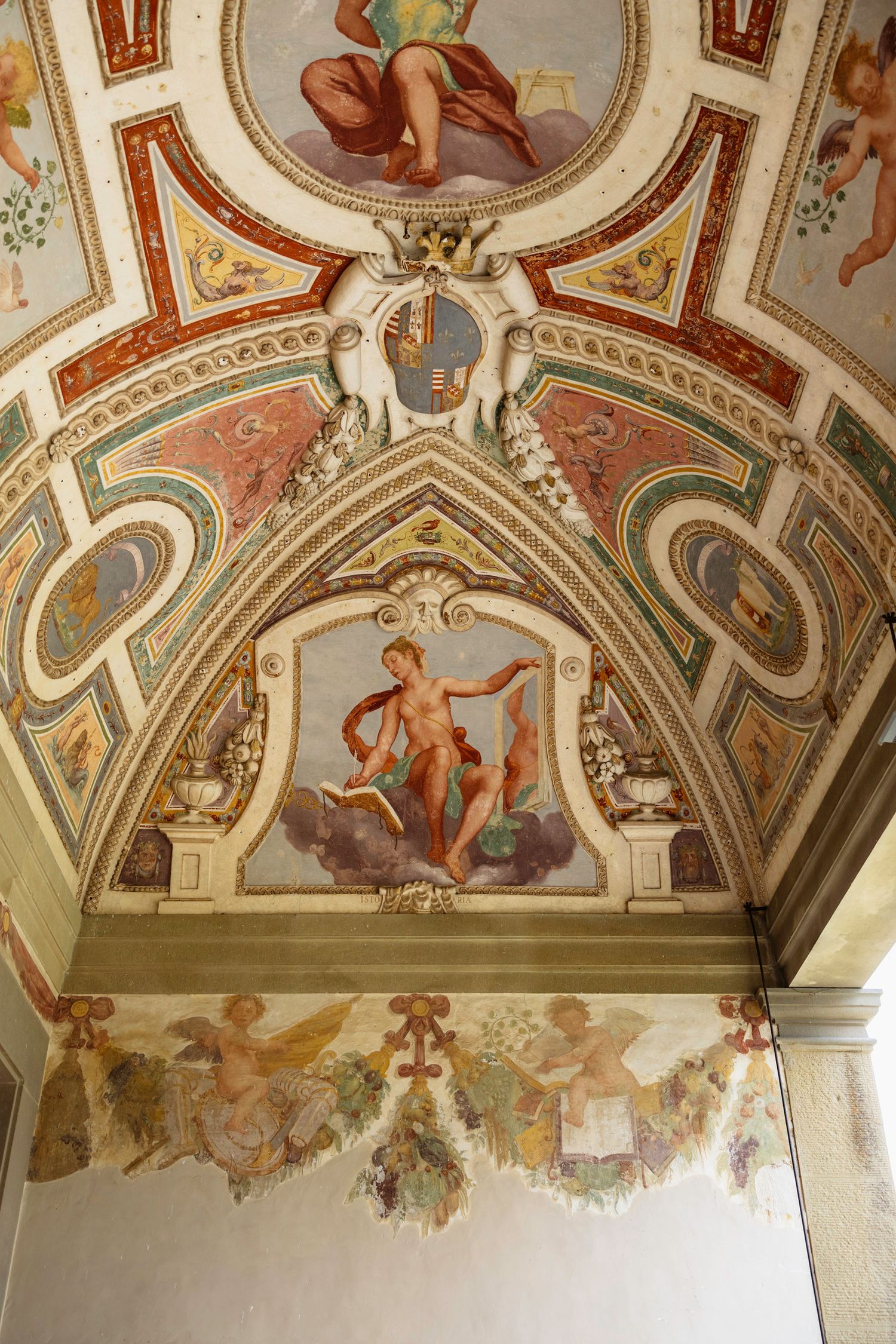 Ornate baroque fresco with classical figures and decorative architectural elements painted in rich colors. Tuscany, Tenuta di Artimino