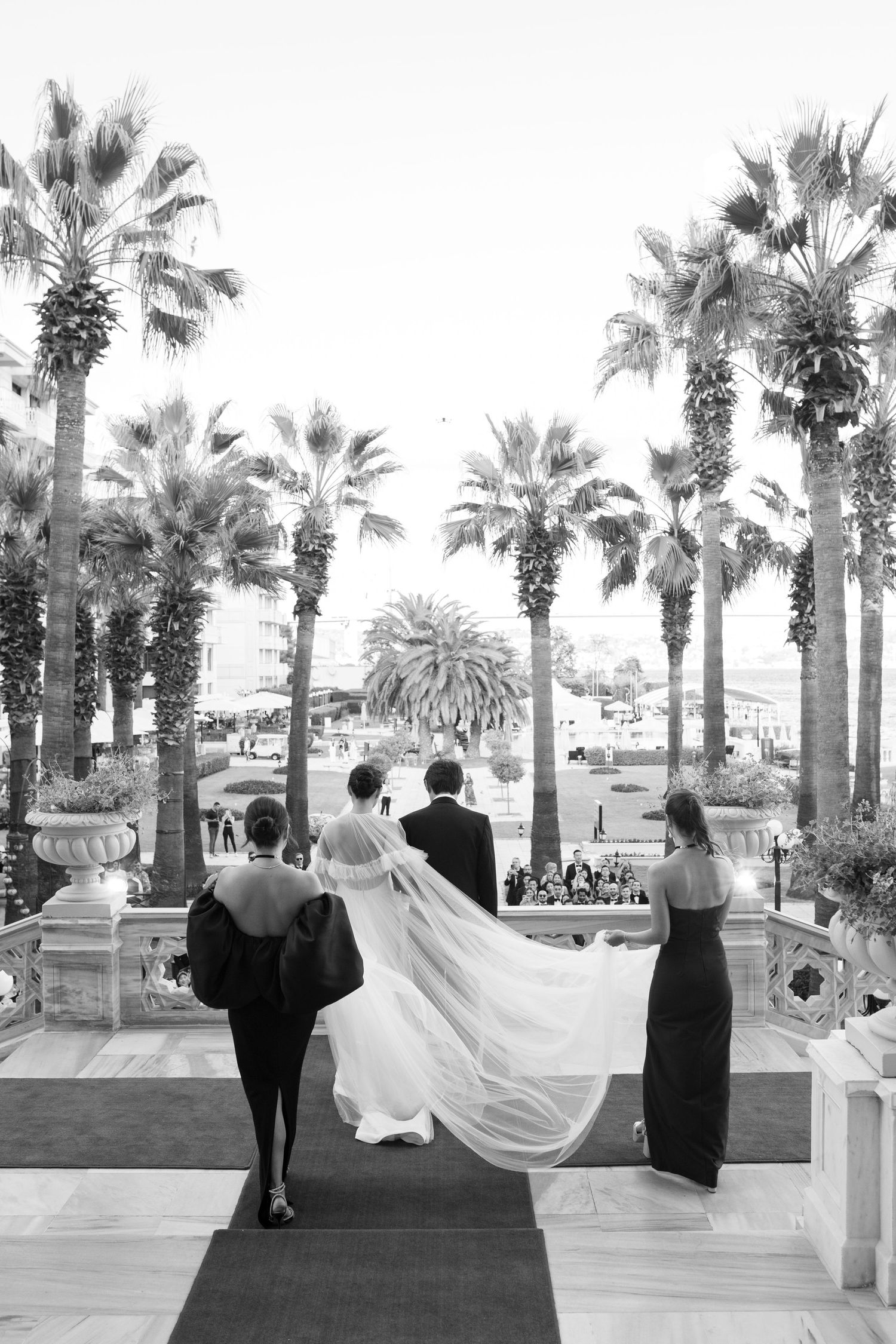 A black and white photo series showing a wedding party walking along a palm tree-lined path at a resort venue, Istanbul, Kempinski palace
