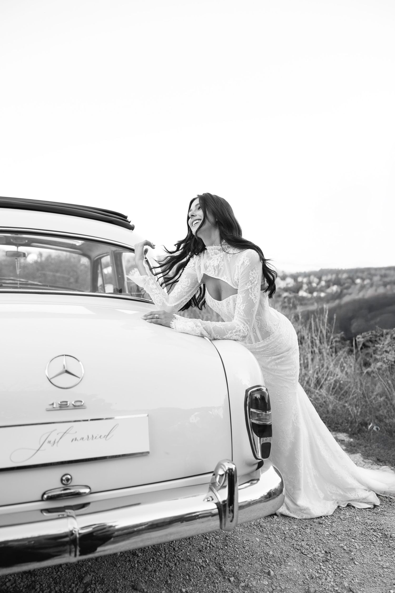 Black and white photo series showing details of a classic Mercedes-Benz car. Hvar, Croatia
