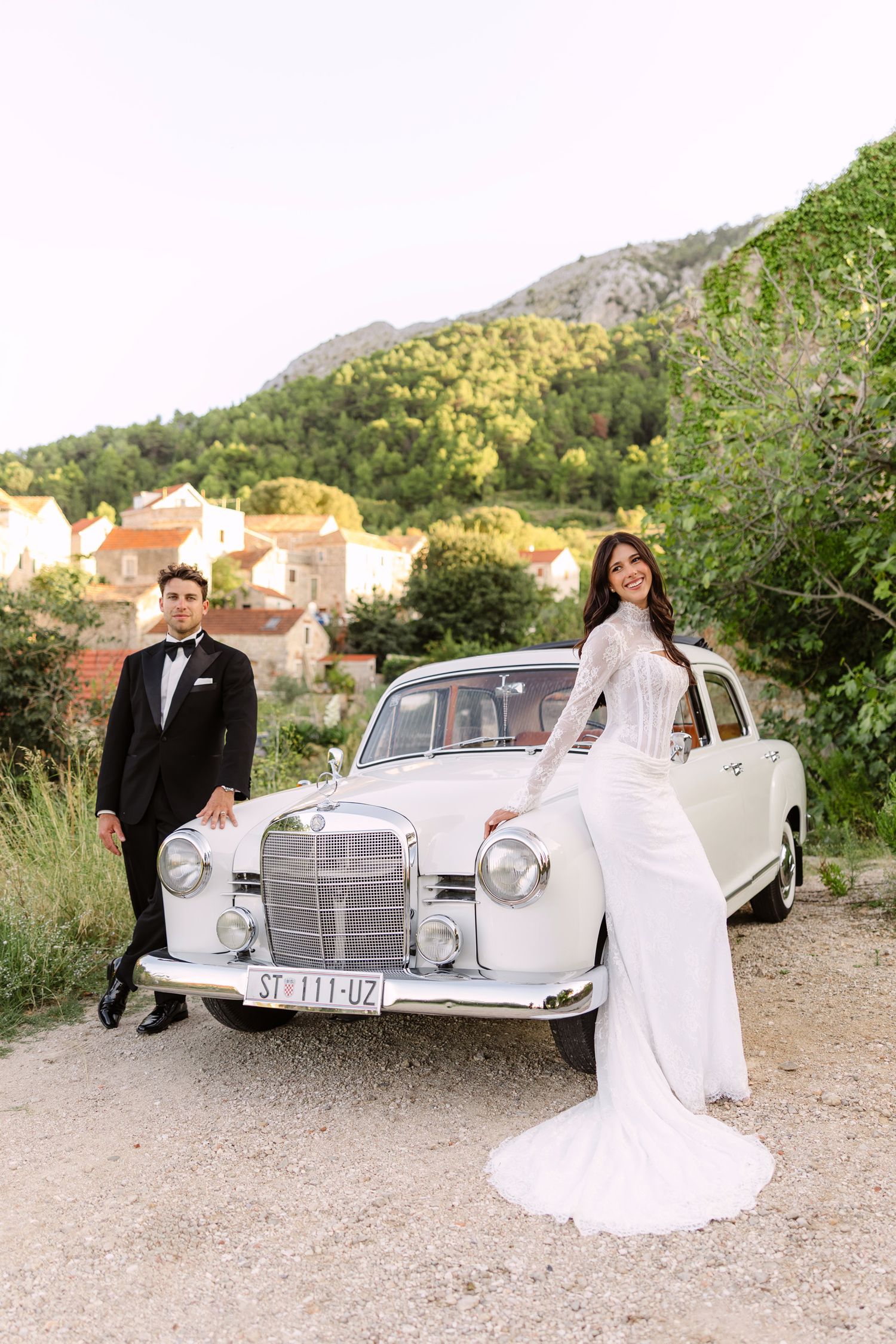 Elegant vintage Mercedes-Benz car photographed in a scenic mountain landscape. Hvar, Croatia