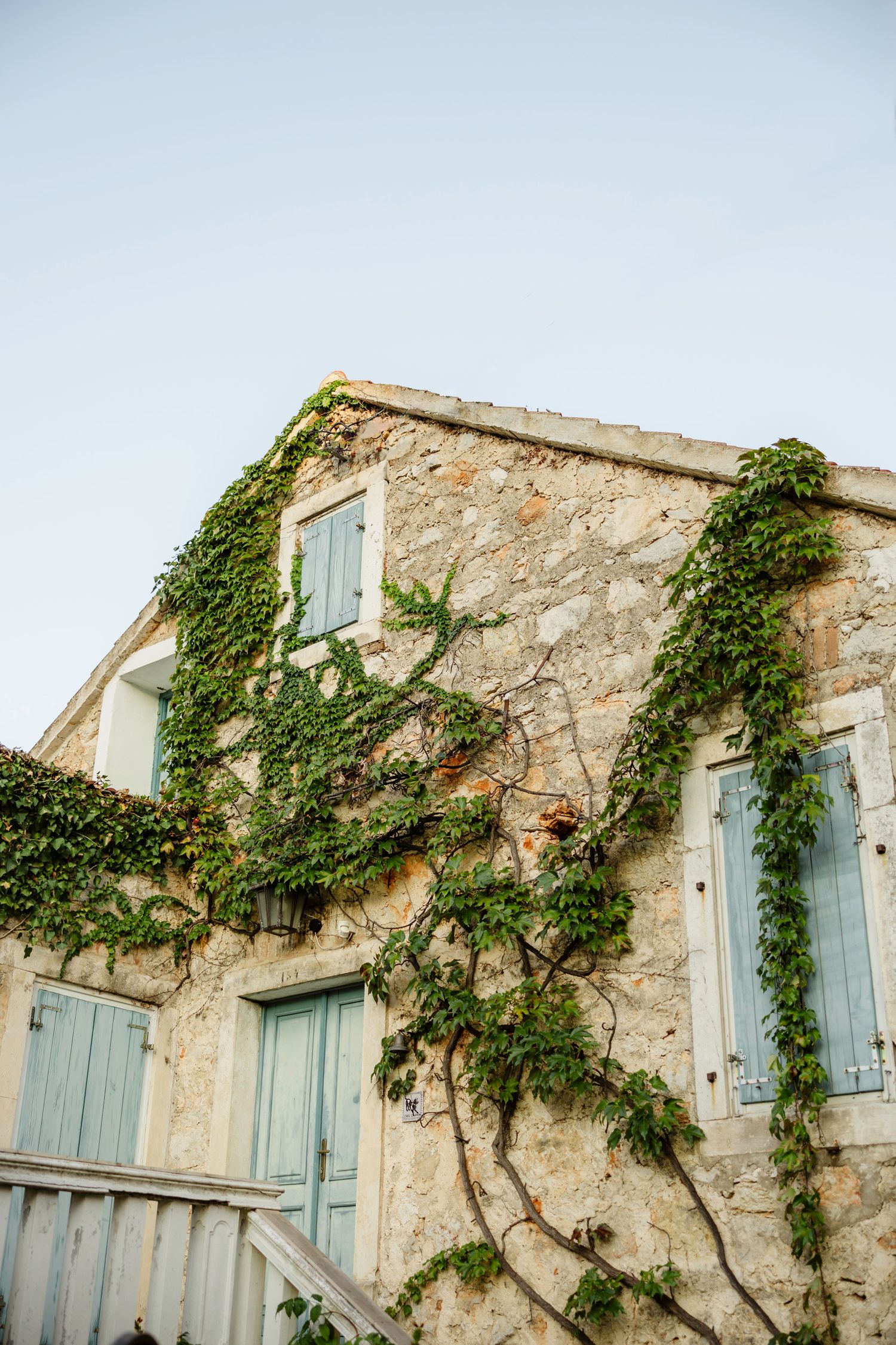 Stone cottage with pale blue shutters and climbing ivy on facade. Hvar, Croatia.