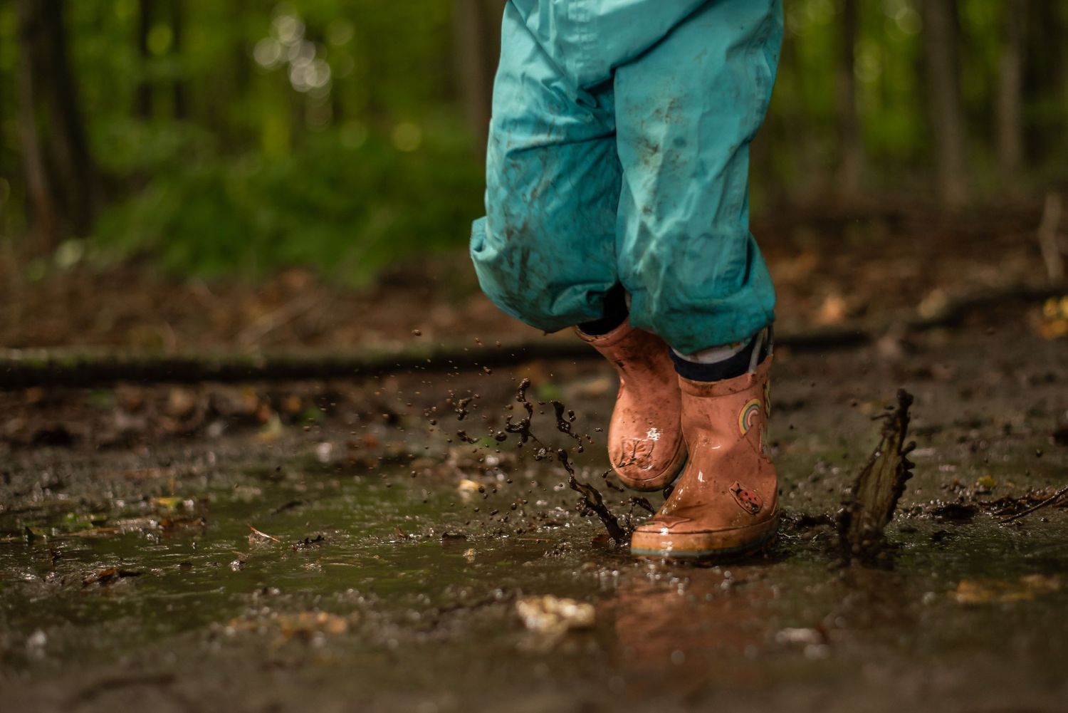Small feet wearing pink rubber boots splash in a muddy puddle on a forest trail.
