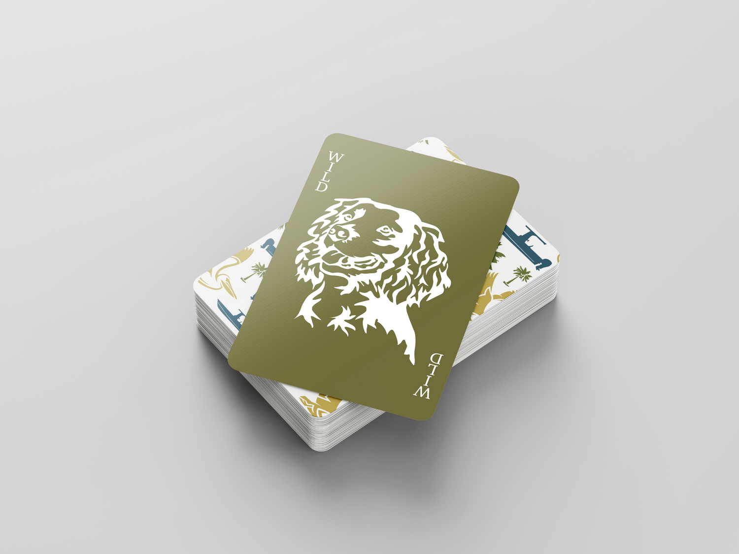 Playing cards with boykin portrait design in olive green and white.