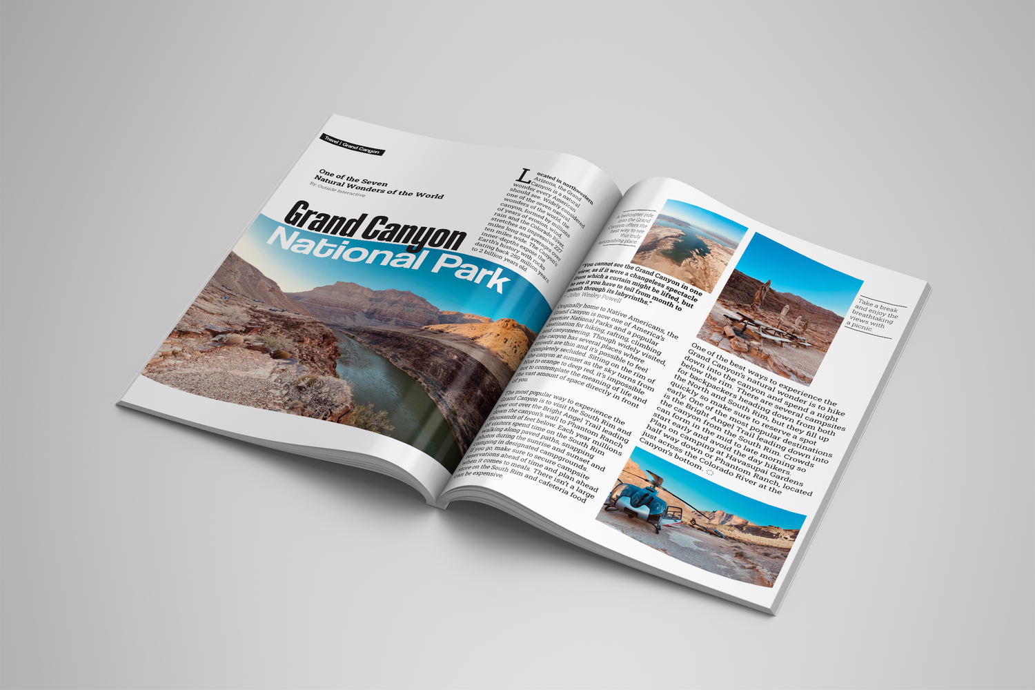 Magazine spread about Grand Canyon featuring scenic desert vistas and editorial content.
