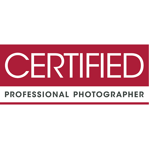 Professional photographer certification banner in red and white with elegant typography. CPP