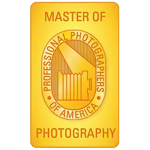 Gold Master of Photography certification badge from Professional Photographers of America with vintage camera design.