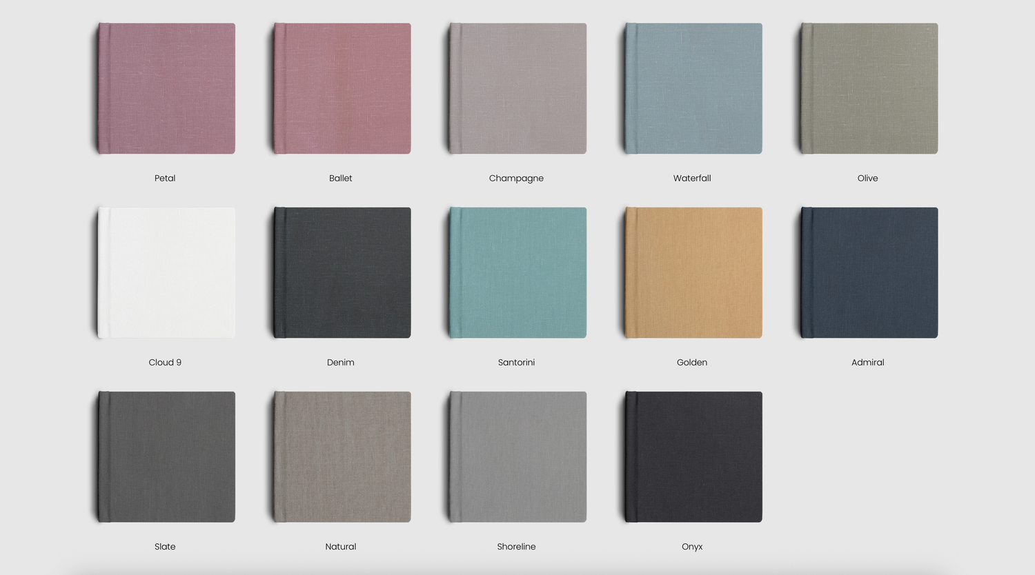 Color swatch samples display showing 14 fabric options including pink, grey, blue, teal, gold, and dark navy shades for upholstery.