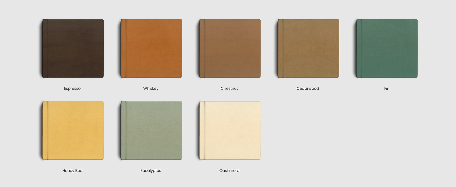 A collection of nine earthy color swatches in warm browns, oranges, greens, and yellows arranged in two rows.