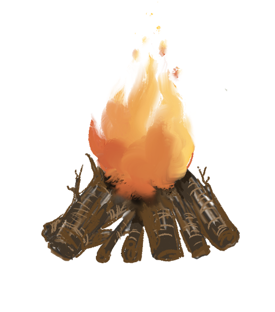 A sequence of campfire logs burning with orange flames showing progressive stages of fire development.