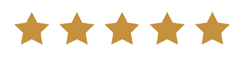 Five gold stars in a row against a white background show a 5-star rating or review score.