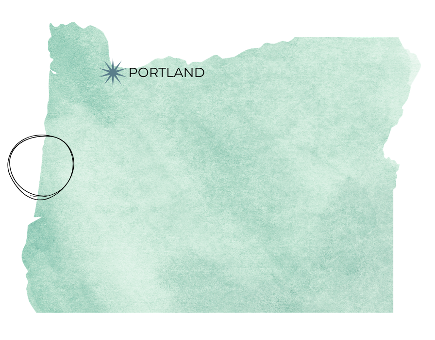 Watercolor map of Oregon highlighting Portland with a decorative star marker in teal and white tones.
