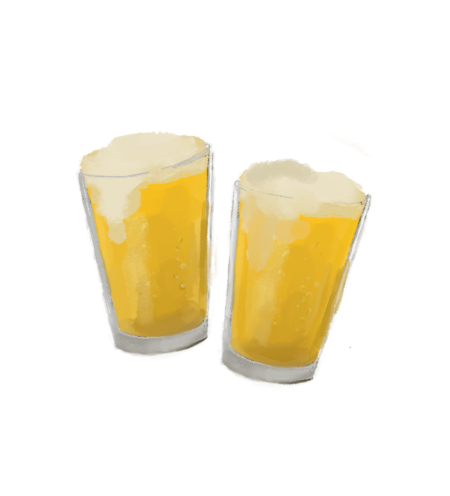 Two glasses of golden beer with foam heads shown at different angles against a white background.