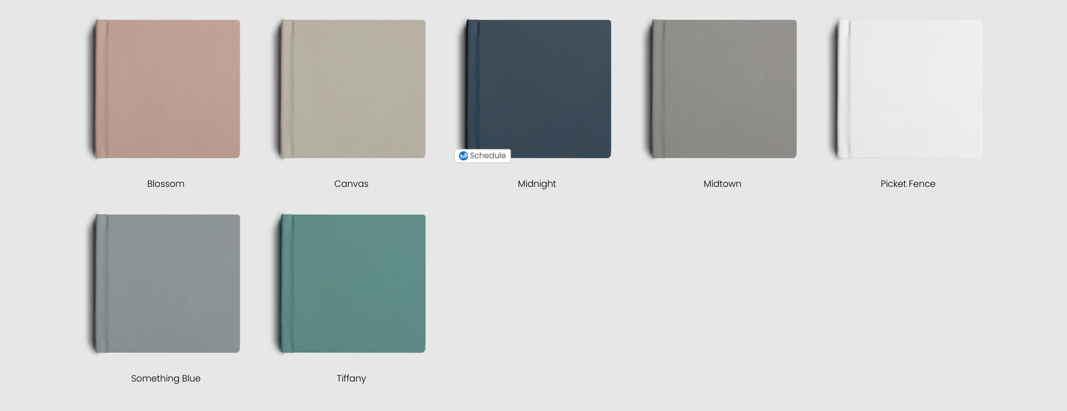 Color swatch samples displaying shades including blush, concrete, midnight, valdivian, frosty tundra, trembling blue, and tiffany.
