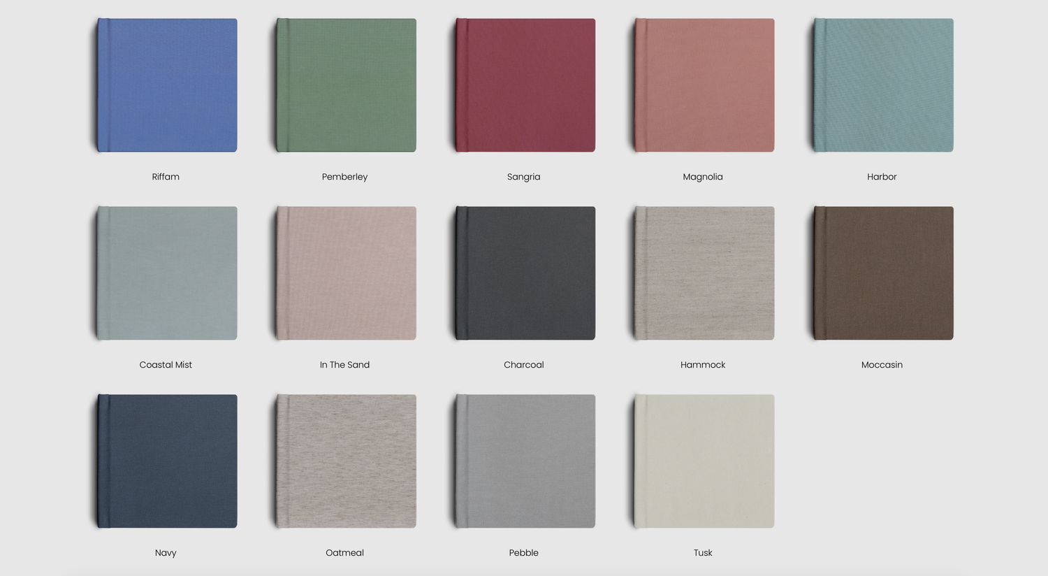Color swatch chart displaying 14 fabric options including blues, greens, reds, and neutrals for upholstery selection.