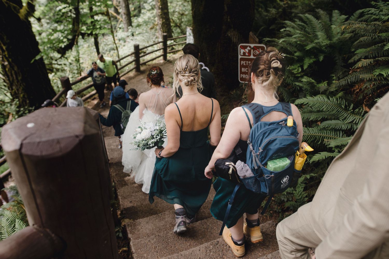 Wedding party walks down forest steps, bride in white gown with bridesmaids in teal dresses  at silver falls state park