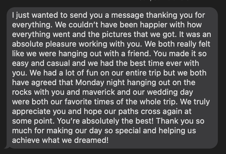 A screenshot of a heartfelt thank you message expressing gratitude for making special memories and sharing good times.