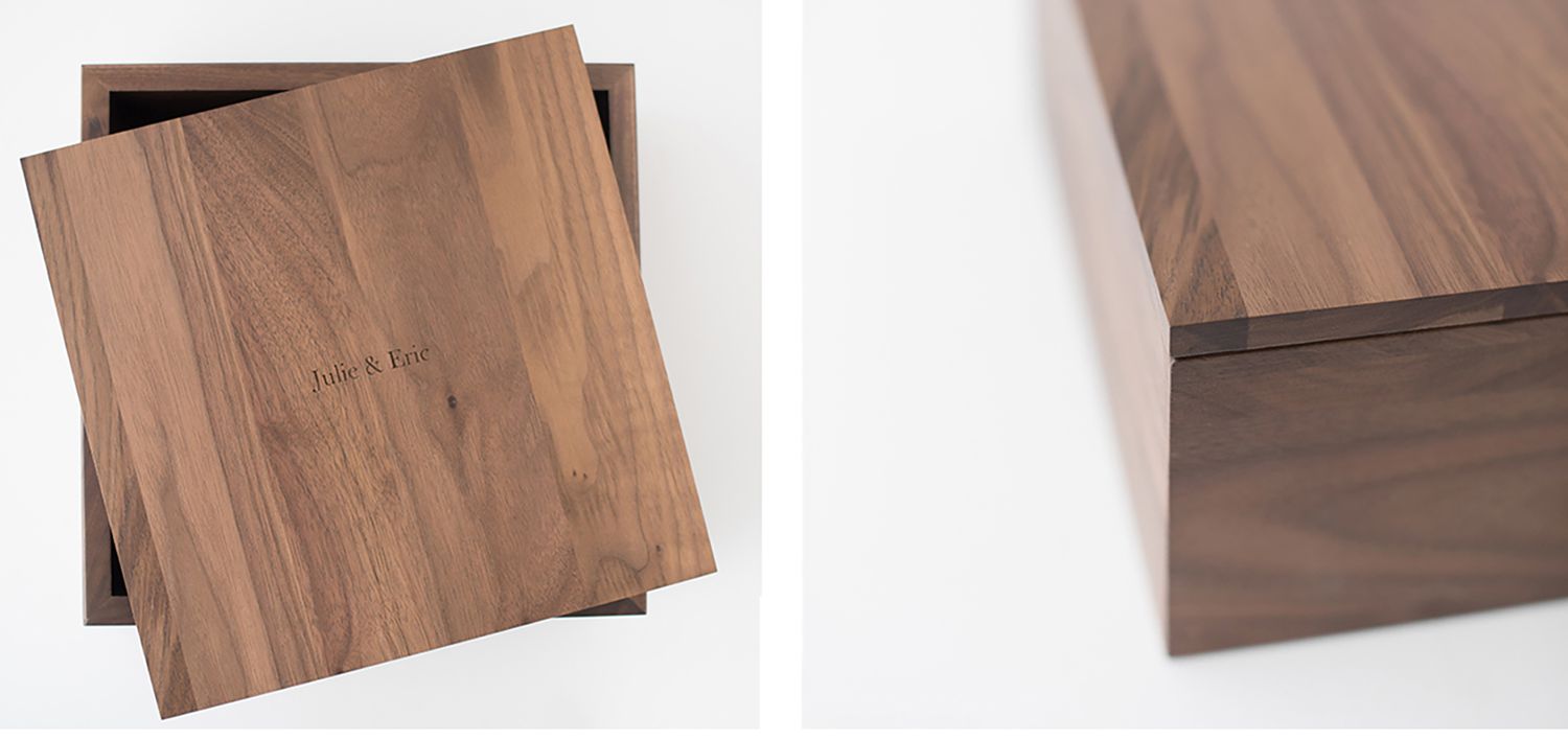Handcrafted walnut wood keepsake box with sliding lid, shown from top and side angle views.
