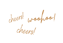 A handwritten text in brown ink shows the word 'cheers' repeated with 'woohoo' written in cursive script.