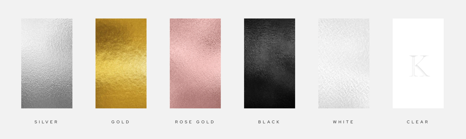 Five metallic foil color swatches in silver, gold, rose gold, black, and white with clear option displayed on white background.