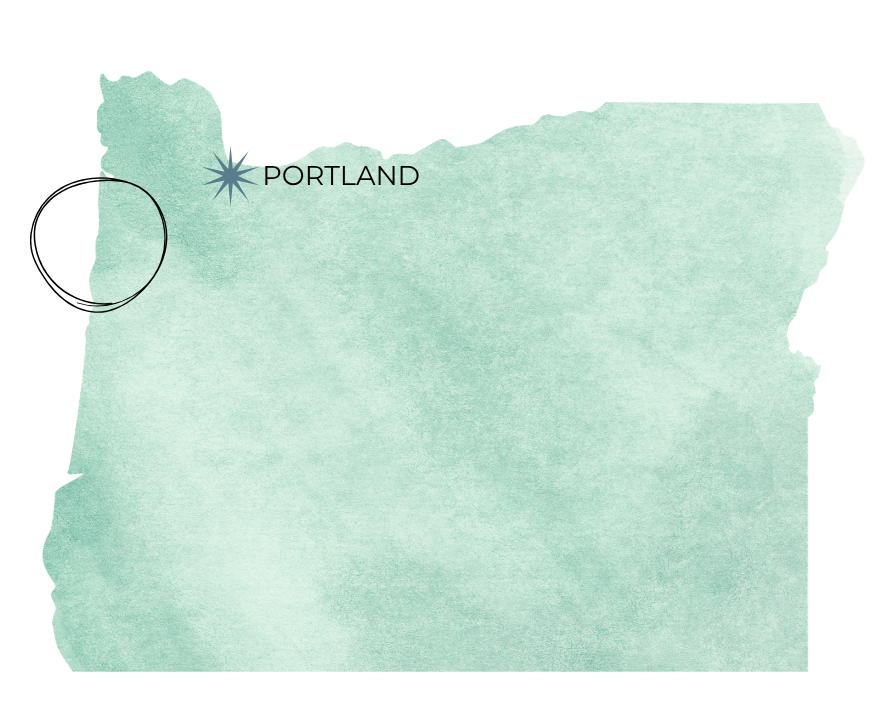Watercolor map of Oregon state in teal green with Portland marked by a star icon in the northwest region.